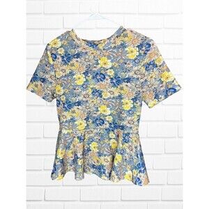 Shein Grey Yellow Floral‎ Print Round Neck Casual Peplum Top Womens Size medium